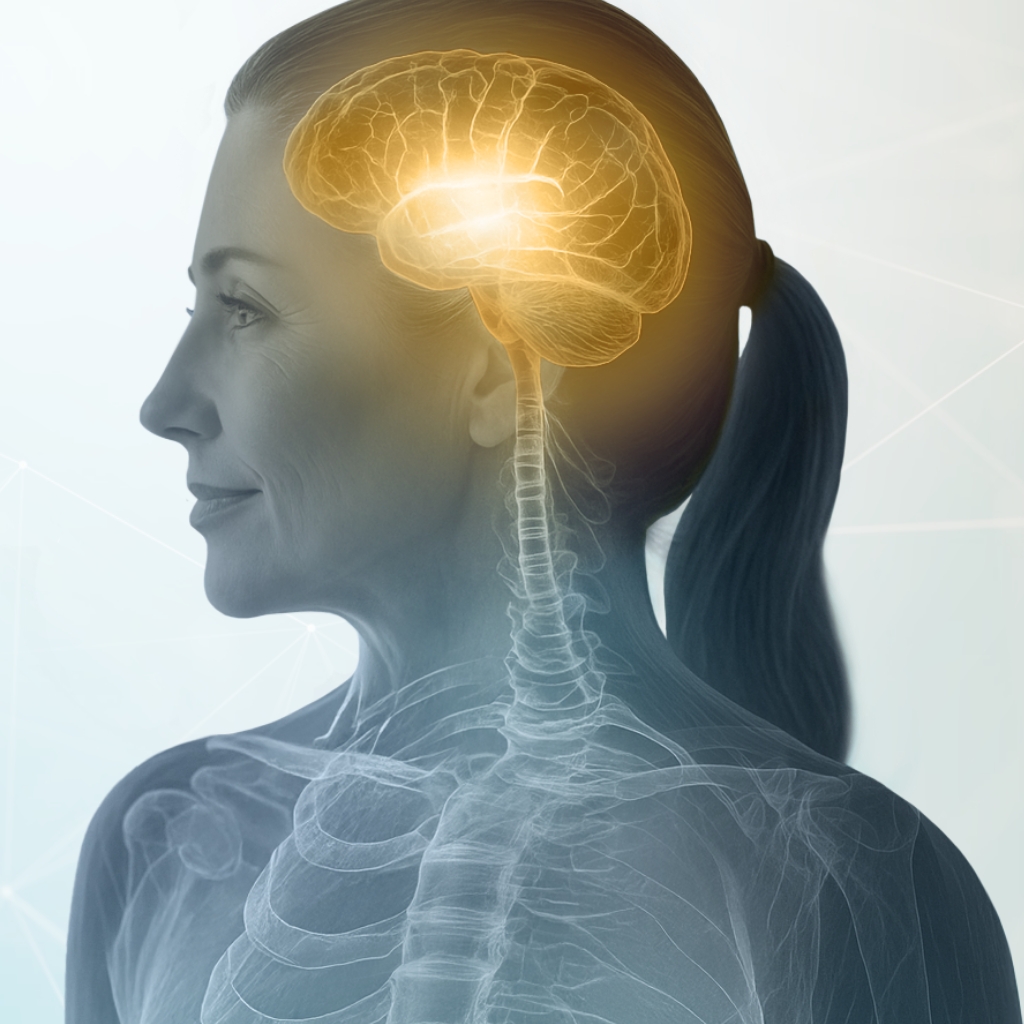 Science graphic showing illuminated brain chemistry