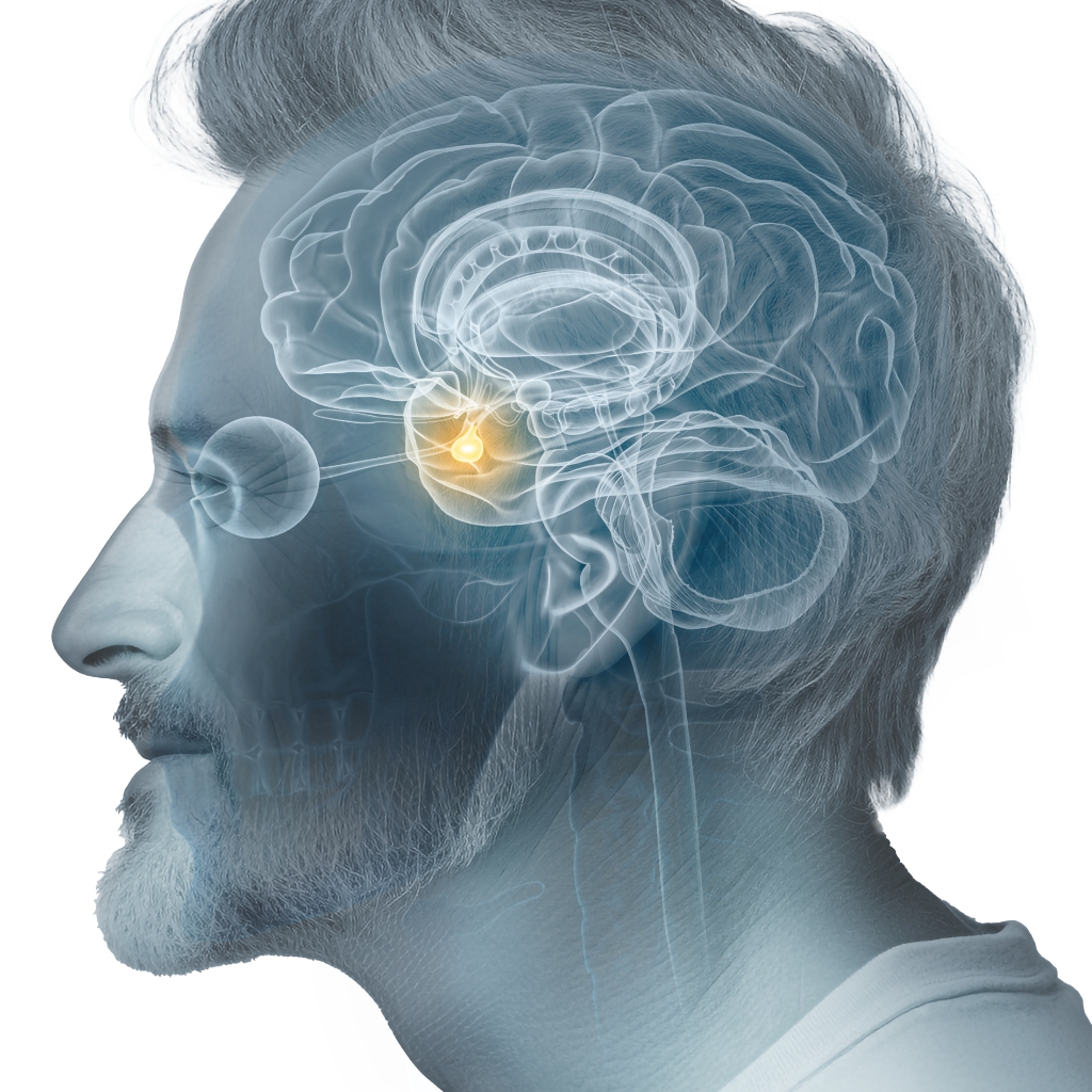 Science graphic showing a man's illuminated brain anatomy