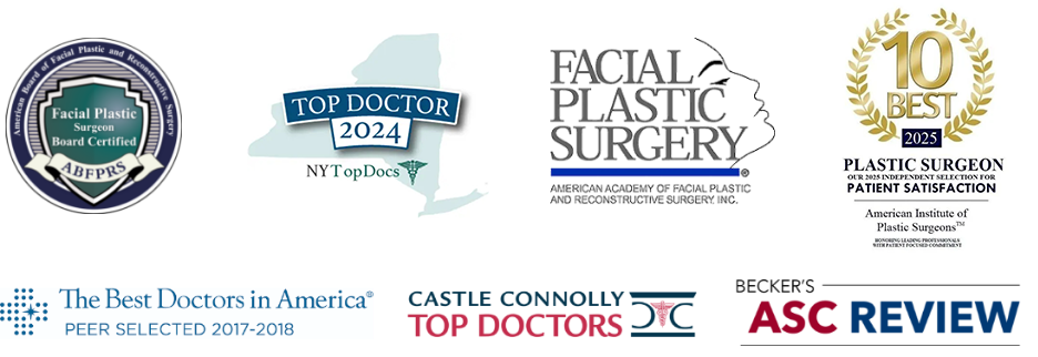 ABFPRS, NY Top Doctor 2022, Facial Plastic Surgery, 10 Best 2021 Plastic Surgeon Patient Satisfaction, The Best Doctors in America, Castle Connolly Top Doctors, Becker's ASC Review Logos